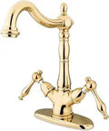 Heritage Vessel Sink Faucet With 4 Inch Plate In Polished Brass, Deck Mount For One Or Three Hole Install, Drip Free Ceramic Disc