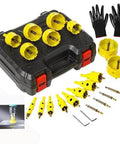 Front view of DWIKE 24‑pc carbide hole saw kit with yellow saws, case, gloves and drill bits (5/8"–3").