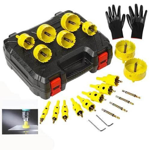 Front view of DWIKE 24‑pc carbide hole saw kit with yellow saws, case, gloves and drill bits (5/8"–3").