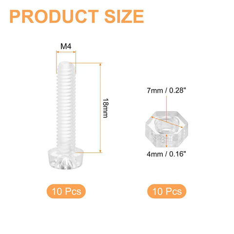 Clear Acrylic Screws Kit 10 Piece Set M4 X 18mm Round Head Phillips Bolts With Hex Nuts size chart