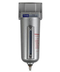 Heavy Duty 1/2 Inch Compressed Air Line Moisture And Water Filter Trap With Badass 5 Micron Cartridge showing metal build and sight glass.