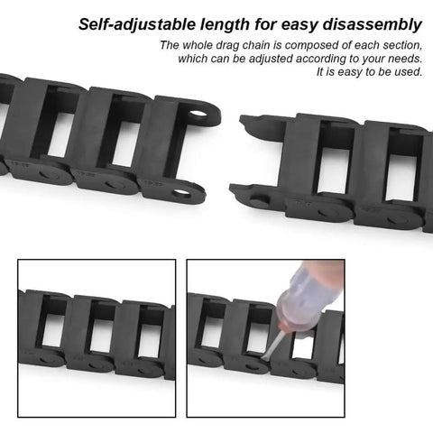 Rugged Nylon Cable Carrier 1 Meter Drag Chain for CNC Machines with end connector showing self-adjustable sections and disassembly.