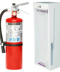 Heavy Duty 5 Pound Refillable Class A B C Fire Extinguisher Ships With Tough Wall Mount Steel Cabinet Plus Warning Tag next to installation instructions.