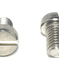 M8 X 12 Stainless Steel Slotted Cheese Head Machine Screws Featuring Knockout Din84 Specs And Heavy Duty A2 70 Grade in two angles.