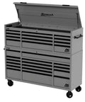 72 Inch Grey Steel Rolling Tool Chest Combo With Hutch Loaded With Heavy Duty Mobile Workshop Drawers Fitted With Smooth Locking Casters open from the top.