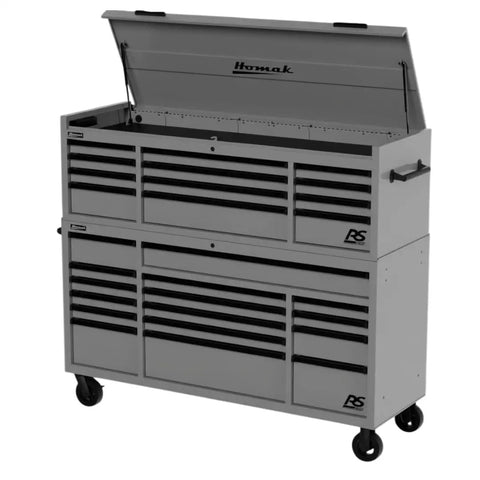 72 Inch Grey Steel Rolling Tool Chest Combo With Hutch Loaded With Heavy Duty Mobile Workshop Drawers Fitted With Smooth Locking Casters open from the top.