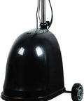 Heavy Duty Misting Floor Stand Fan With Wide Angle Sweep And Adjustable Height, black base and wheels for easy mobility.