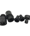 Heavy Duty Plastic Garden Hose Connector Set With Quick Release And Male And Female Hose Fittings Water Hose Thread Adapters From Quick Connect To Standard Three Quarters Inch Thread Black Ten Piece Kit displayed with various connectors.