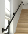 Dead Easy Install Wall Mounted Stair Handrail Industrial Pipe Style Wrought Iron Finish Black Anti Slip Safety Railing on stairs.