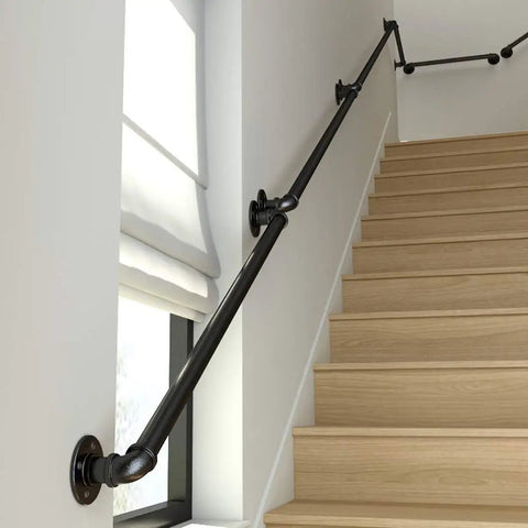 Dead Easy Install Wall Mounted Stair Handrail Industrial Pipe Style Wrought Iron Finish Black Anti Slip Safety Railing on stairs.