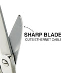 Close-up of blades on Electrician Scissors For Heavy Duty Cutting And Low Voltage Work, 5.25-Inch Compact Snips showing sharp edge.