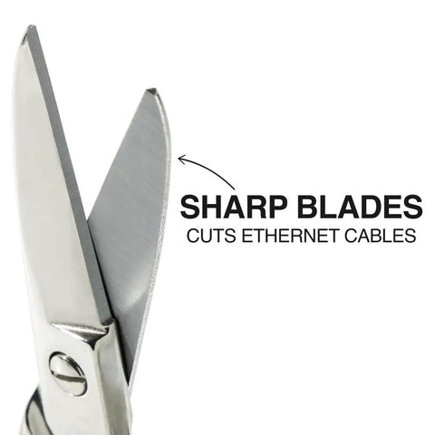 Close-up of blades on Electrician Scissors For Heavy Duty Cutting And Low Voltage Work, 5.25-Inch Compact Snips showing sharp edge.