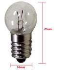 E10 miniature screw light bulb, 23mm height, 10mm base, clear glass, ideal for circuits and science kits.