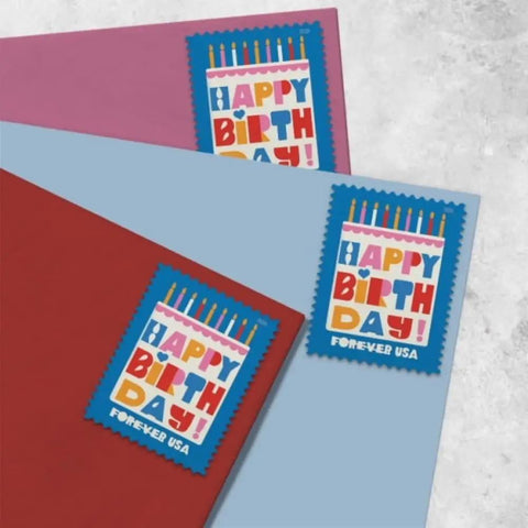 Birthday Forever Stamps 2026 Edition Two Sheets Of 20 Featuring An Oversized White Birthday Cake With Bright Colorful Candles