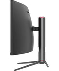 Side view of a curved 49-inch ultrawide gaming monitor with 144Hz refresh rate and 32 by 9 aspect, height adjustable stand.