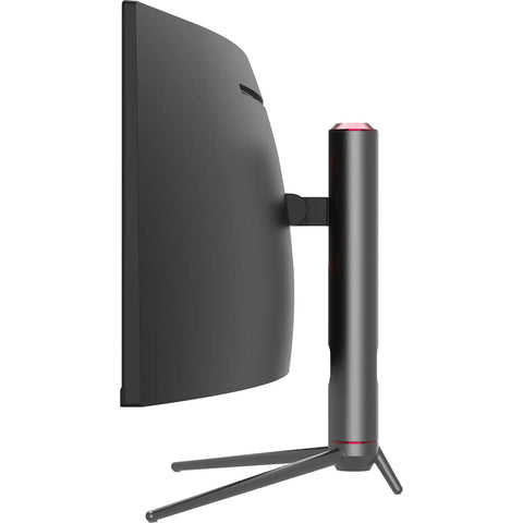 Side view of a curved 49-inch ultrawide gaming monitor with 144Hz refresh rate and 32 by 9 aspect, height adjustable stand.