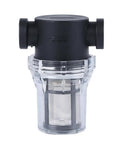 Inline Water Pump Strainer Filter For Garden Pond And RV 1 Inch 40 And 80 Mesh Stainless Steel Screen Keeps Leaves And Debris Out of Pumps Hoses And Pressure Washers Easy To Clean Transparent Bowl in side view