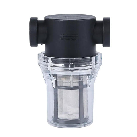 Inline Water Pump Strainer Filter For Garden Pond And RV 1 Inch 40 And 80 Mesh Stainless Steel Screen Keeps Leaves And Debris Out of Pumps Hoses And Pressure Washers Easy To Clean Transparent Bowl in side view