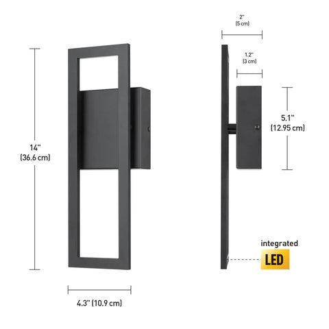 Dimensions of Dope Black LED Integrated Wall Sconce for Indoor or Outdoor Use 17W 520 Lumens Weather Resistant Exterior Lighting.