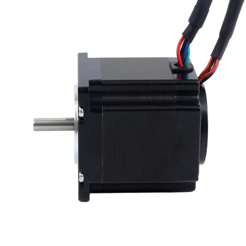 Nema 23 closed-loop stepper motor with magnetic encoder, black housing, side view with wiring harness.