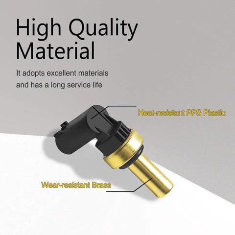 Zufoty engine coolant temperature sensor with brass stem and black plastic connector, angled side view