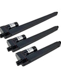 Three Heavy Duty Linear Actuator Motors DC 12V 24V with smooth stroke, 150mm, 200mm, and 250mm for industrial automation.