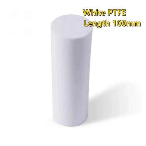 White PTFE rod standing upright, 40mm diameter, 100mm length, non-toxic eco-friendly, for DIY builds and chemical resistant applications.