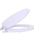 Top Shelf Soft Elongated Vinyl Toilet Seat In Crisp White With Thick Foam Fill, showing the seat partially lifted for easy installation.