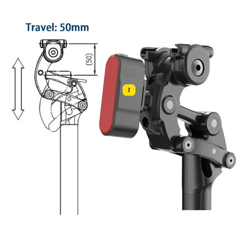 Diagram and close-up of Safort Suspension Seatpost For E Bikes 365mm Length With 125mm Travel Four Diameters 27.2 30.4 30.9 31.6mm
