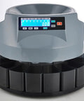 Piudoiliy Electric Coin Sorter Machine With Led Display And 8 Bins, close-up view showing sorting trays and control panel.