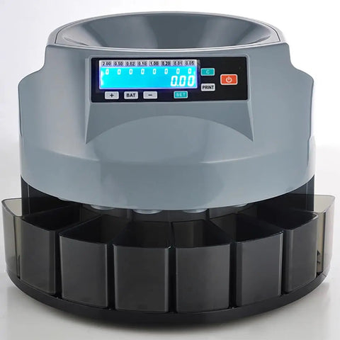 Piudoiliy Electric Coin Sorter Machine With Led Display And 8 Bins, close-up view showing sorting trays and control panel.