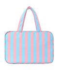 Front view of a striped Water Resistant Cosmetic Bag With Leak Proof Pockets, Compact Toiletry Carrier For College Dorm Life And On The Go Travel.