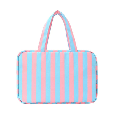 Front view of a striped Water Resistant Cosmetic Bag With Leak Proof Pockets, Compact Toiletry Carrier For College Dorm Life And On The Go Travel.