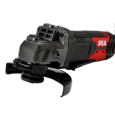 Plug And Play Angle Grinder With Ripping 8 Amp Motor And 5 Inch Cutting Disc For Knockout Performance Featuring No Fuss Guard Adjustments And Solid Side Handle Control showing close-up of exposed cutting disc and handle.