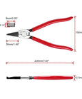 8 Inch Lock Ring Pliers with Special Angle Tips, red handles, dimensions shown, for removing and installing circlips gearshift locking rings.