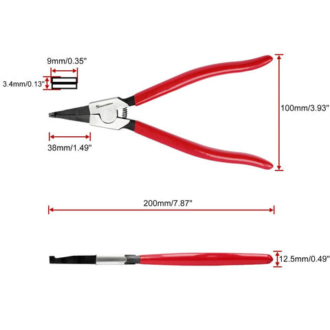 8 Inch Lock Ring Pliers with Special Angle Tips, red handles, dimensions shown, for removing and installing circlips gearshift locking rings.