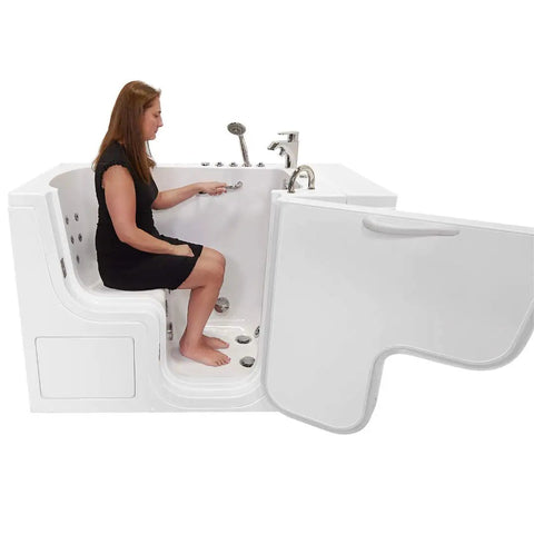 Sleek 32X52 Acrylic Transfer Walk In Tub With Heavy Duty Hydro Massage And Microbubble Jets, side view with user seated.