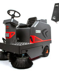Ready To Roll Ride On Industrial Floor Sweeper Packaged With Long Life Lithium Battery and Grip Tight Solid Tires for No Sweat Hard Core Trash Collection At Warehouses, front view.
