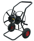 Totally Rock Solid Heavy Duty Garden Hose Reel Cart With Smooth Rolling Wheels, black metal frame and sturdy tires for outdoor use.