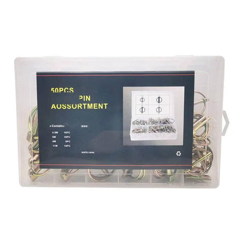 50 Piece Lynch Locking Pin Set M4.5 M6 M8 M11 in plastic case with image and details on label