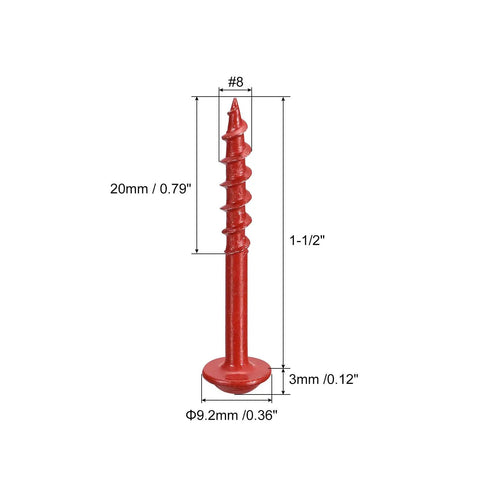 Pocket Hole Screws 8x1-1/2 Inch Square Drive Self Tapping Wood Screws 100 Pieces Red Finish For Go-To Woodworking Projects