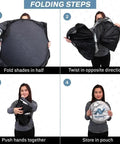 Folding steps for Heavy Duty Foldable Windshield Sun Shade, demonstrating size and material features while storing.