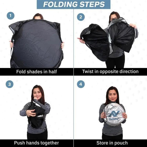 Folding steps for Heavy Duty Foldable Windshield Sun Shade, demonstrating size and material features while storing.