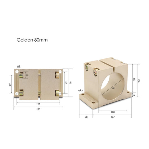 Built Tough CNC Spindle Clamping Bracket For 65Mm And 80Mm Motors Premium Aluminum Alloy Design showcasing a golden 80mm clamp.