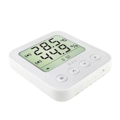 Wall Mounted Temperature And Humidity Transmitter With LCD Display RS485 Modbus 4-20mA And 0-10V Outputs HVAC Sensor, angled view.