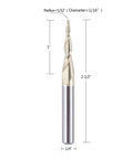 Side view of SpeTool tapered ball nose end mill with 1/4" shank, 1/32" radius, ZrN coated.