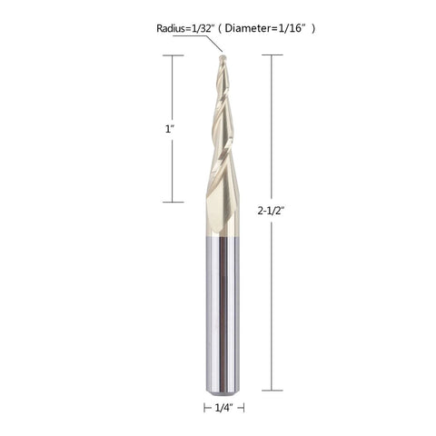Side view of SpeTool tapered ball nose end mill with 1/4" shank, 1/32" radius, ZrN coated.