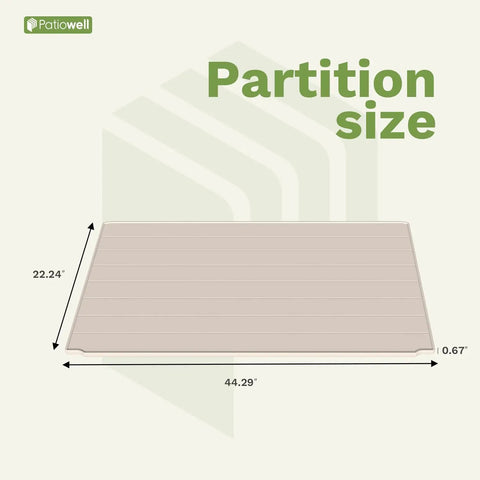 Beige Plastic Outdoor Storage Cabinet partition size detail showing 44.29" x 22.24" dimensions.
