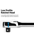 Fine 90-Tooth Ratchet Set With Ergonomic Soft Grip, low profile ratchet head close-up, low clearance design for tight spots