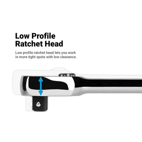 Fine 90-Tooth Ratchet Set With Ergonomic Soft Grip, low profile ratchet head close-up, low clearance design for tight spots